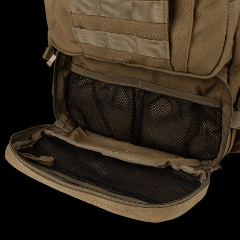 The Condor Convoy Backpack 22L in brown features a front flap with mesh pocket compartments, durable nylon construction, a visible zipper, and is ideal for EDC use.